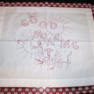 1890s ~Victorian -Signed Delica Fellow~ Turkey Red Work ~Table Cloth~ 20 Sq~ Good Morning~ Sun~ Butterfly~ Morning Glory~ Crochet~ Embr.