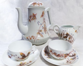 Antique~ 1884~ Marx & Gutherz, Carlsbad porcelain Tea Set W Tea Pot, Cups Saucers, Creamer, Cake Plate, and 4 Luncheon Plates~Thorned Roses