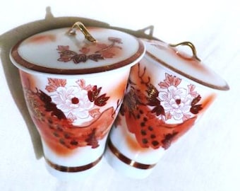 Kutani Peony teacups w lids, 2 pc Wedding Set , Gold Trim, Saffron Red, Handpainted, Signed