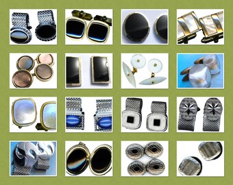 Cufflinks, Vintage 60s-70s, Cat Eye, Onyx, Diamond Cut, Wire Mesh, Chrome, Wrap Styles