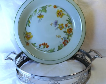 MCM ~ 1930s Bakerite Pie Dish Tulip Design ~ 22K Rim ~ 1940's Floral Pie Dish W Green Rim & Chrome Caddy~ Swing Era !