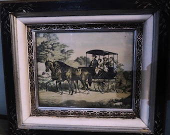 Eastlake Etched Frame with a Currier & Ives Lithograph, "The Morning Ride", Silver Gilded Shadow Box