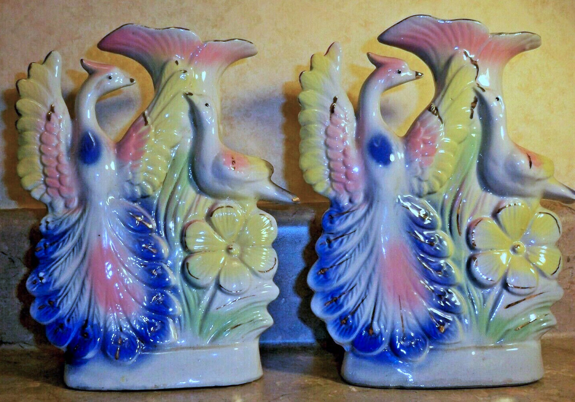 Handmade & Signed Pink Blue Yellow and White 1930's Tropical Birds 2 Vases