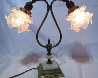 Art Nouveau Dbl Head Lamp~Hand Blow Tulip Flower Shade~Rewired~W 19 "xH 20.5"xD 6 "~Marble ~Brass Arms~Painted Spelter Base~Ctr Agate Orb