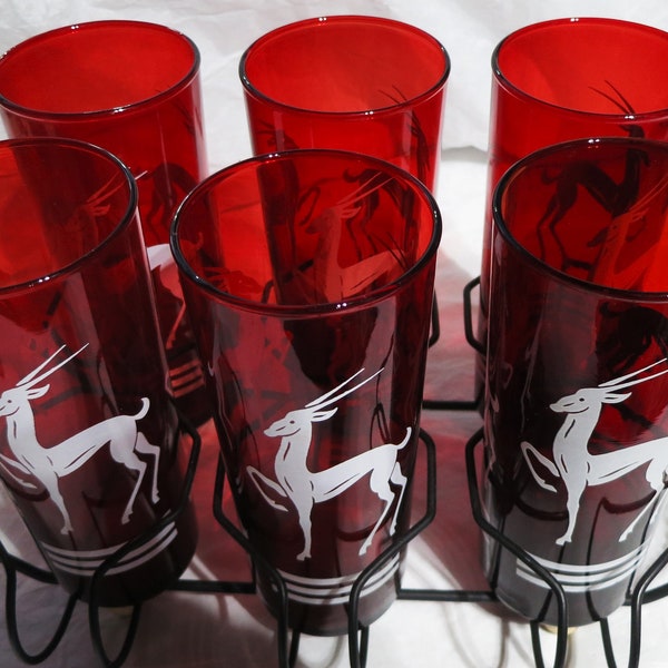 Vintage Hazel Atlas Gazelle Collins Glasses, Ruby Red Barware Set