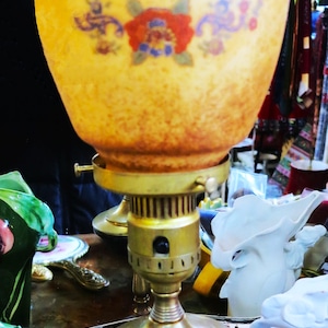1920&#39;s Lamp~ Reticulated Urn Cast Iron Base~ Antique~  Stained Glass Shade~ Uno Shade Ring~ Brass Bell Base Top