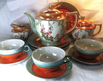 1930's~ 12 pc  Chikaramachi Tea Set~ Hand Painted in Japan~ Lusterware~ Orange Sage Peach~ Baloon Flower Design~