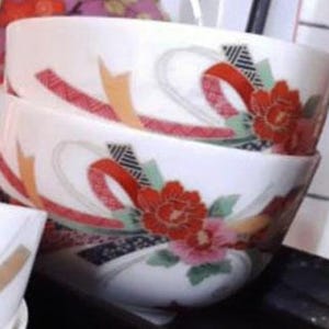 Kutani Usuicha Matcha Bowls, Noshi Ribbon Design, Gilded Hand-Painted Japan Tea Set, 4pc