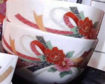 Kutani Usuicha Matcha Bowls, Noshi Ribbon Design, Gilded Hand-Painted Japan Tea Set, 4pc
