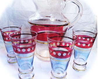 1930s Bartlet Collins Pitcher and Tumblers, 5 pc Ruby Glass Barware