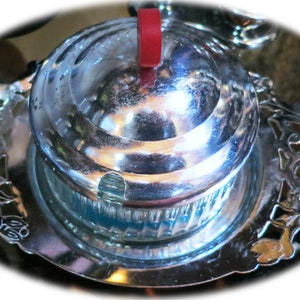 1930s Condiment Set~ Farberware Tray & Lid~ Bakelite Finial, Retucilated~ 3 pc Deco~ Condiment Set~ Glass Center Dish~ Chrome