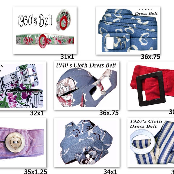 Belts 1930's Dress Belts Cloth With Buckles ~ 8 Assorted Prints & Colors ~ 1 Of Each Style