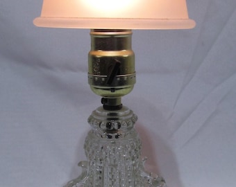 1930's Houze Pressed Glass Lamp~ Hob Nail Body~ Pink Frosted Swag Glass Clip On Shade~ Rewired, 14" High
