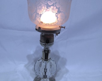 1990's Crystal Base W 1909 Shade~ Ombre French Ruffled Glass Lamp, Rewired, 14" High, Rewired