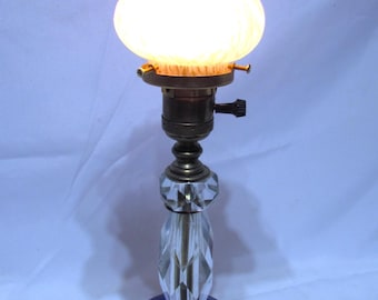 Refinished Bohemian~ 1910-1920's~ Cut to Clear~ Crystal~ Cobalt Blue~ French Ruffled Glass Shade~ Rewired~ 15" High~Sandwich Glass