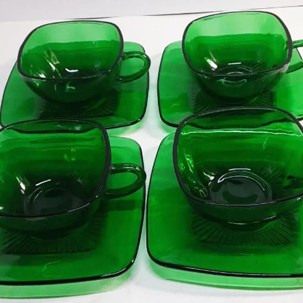 1950s ~ 8 pc Set of "Charm" Forest Green Tea Cups w Saucers ~  Made by Anchor Hocking ~ A nice addition for Garden Parties and Holidays