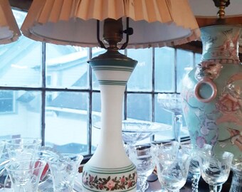 1940s Barvarian Bristol Lamps Set of 2 Frosted Glass Boudoir, Hand-Painted Floral, Brass Base