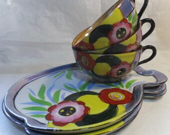 3 sets~ VTG Noritaki Luncheon~ 1920s, Hand painted, Lusterware, China, Tea Cup, Snack Plate Set, Art Deco, Kidney Shape~ Orng Bl. & Gr. Sets
