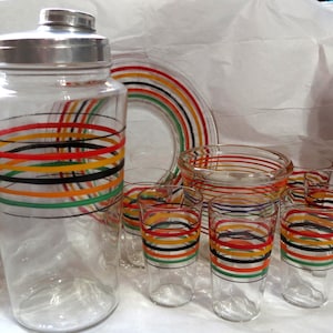 Jaren 1930, ringding set ~ verzamelobject ~ bargerei ~ shaker, kopjes, ijs, kom en bord ~ zeer kleurrijk!