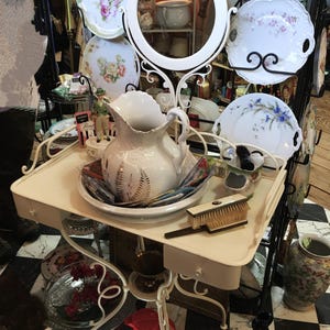 Antique Washstand, 19th-century, French boarding school,Farmhouse, Bathroom, Ironstone Wash & Basin Pitcher, Cottage Chic, Solarium, Sunroom
