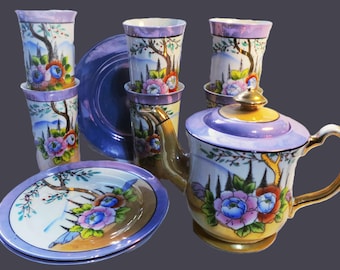 Vintage~ 1930's~TT Takio Co.~ Complete 15 pc Tea Set~ Colorful Garden Floral Scene~ Made in Japan~ Signed~ Handpainted~ Bone China