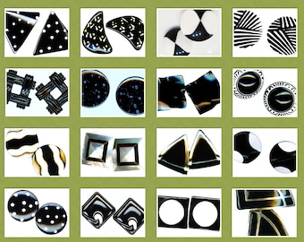 16 Prs~ 80s Earrings, 2 Tone, Assorted, Black & White New Wave Collection (20 pc)