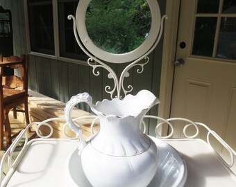 Antique French Wrought Iron Wash Stand , Ironstone Pitcher, Farmhouse Bathroom Decor