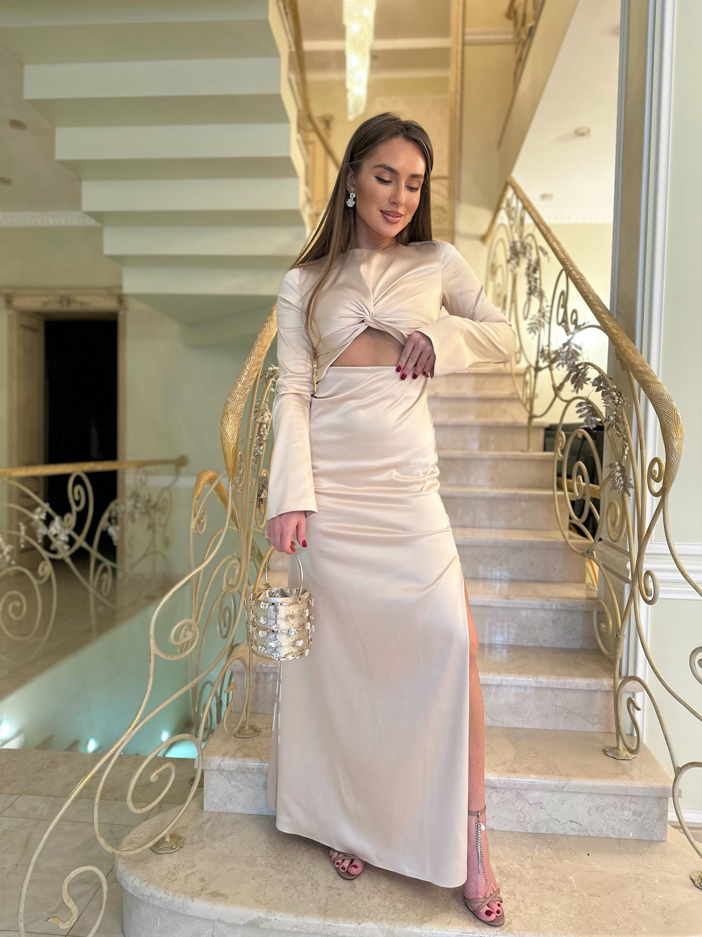 Champagne Satin Maxi Dress With Long Sleeves & Draped Knot  Elegant  Evening Gown, Wedding Guest Dress, Formal Gala, Cocktail Party Dress - Etsy  Australia