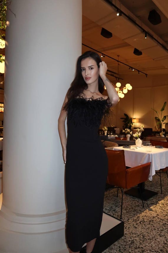white christmas dresses Odell Black Feather Strap Corset Midi Gown Xs / As Shown
