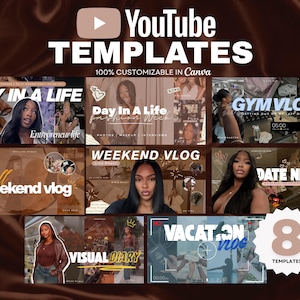 Op de afbeelding: Een digitale afbeelding met YouTube-sjablonen met de tekst "YouTube TEMPLATES" en "100% AANPASBAAR IN Canva." De afbeelding toont acht sjablonen, waaronder "Day in a Life", "Gym Vlog" en "Weekend Vlog."