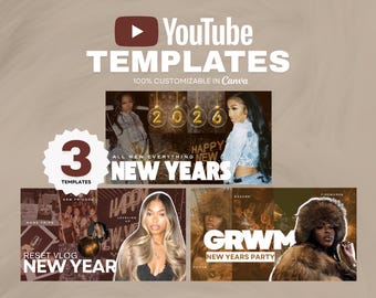 New Year 2026 YouTube Thumbnails & Banners | 3 Editable Canva Templates | Clean Festive Design