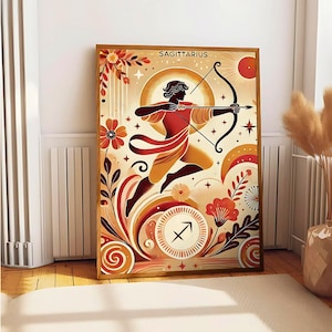 Abstracte kunst aan de muur Boogschutter prints, gouden sterrenbeeld aura posters, antieke astrologie grafiek afdrukbare, vintage kaart Boogschutter sterrenbeeld