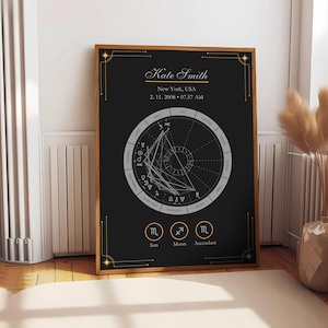 Póster de la carta natal del zodíaco, póster de la carta natal del sol y la luna ascendente • Arte de la carta natal con fecha del mapa estelar del bebé • Póster del mapa estelar del horóscopo mensual