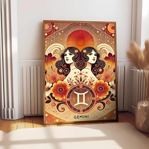 Impression de tarot Gémeaux or, grands 3 astrologie soleil lune levant zodiaque cadeau constellation des Gémeaux carte art, signe du zodiaque affiche amour tableau du zodiaque