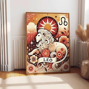 Estampa de constelação de Leão, impressões de arte do zodíaco de Leão dourado, impressão de mapa astrológico antigo, decoração de quarto elegante, design minimalista e estético do signo do zodíaco de Leão