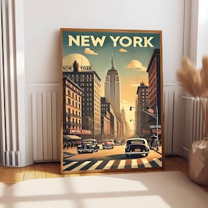 Impresión retro de Nueva York, arte vintage de la Estatua de la Libertad, póster del horizonte de la ciudad de Nueva York, decoración de viaje elegante, arte de pared de regalo de recuerdo de la ciudad de Nueva York