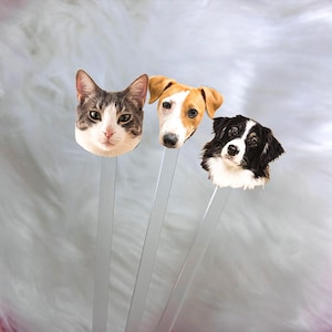 May include: Three clear acrylic sticks with animal faces printed on them. The faces are a tabby cat, a brown and white dog, and a black and white dog.