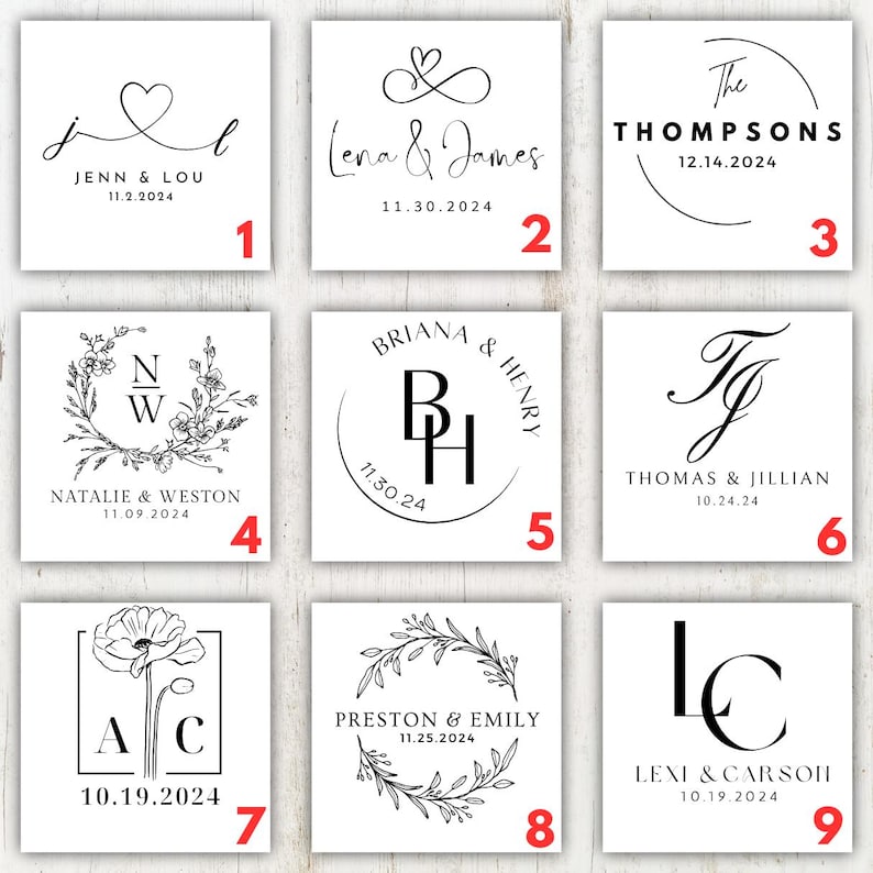 Może przedstawiać: Dziewięć r&oacute;żnych projekt&oacute;w logo ślubnych z nazwiskami i datami. Logotypy prezentują r&oacute;żne style, w tym wieńce kwiatowe, serca, inicjały i kaligrafię.