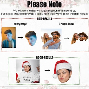 May include: A graphic showing examples of good and bad images to use for custom products. The bad examples include a blurry image and an image with two people. The good example is a clear image of a person wearing a Santa hat. The text "Most likely to be late" is on the shirt.