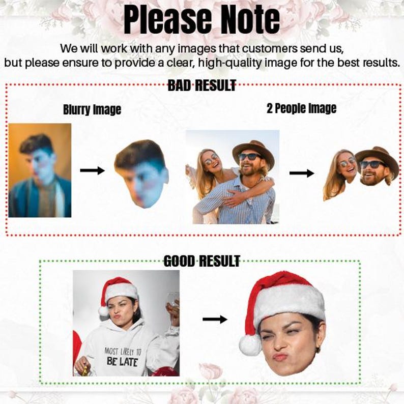May include: A graphic showing examples of good and bad images to use for custom products. The bad examples include a blurry image and an image with two people. The good example is a clear image of a person wearing a Santa hat. The text "Most likely to be late" is on the shirt.