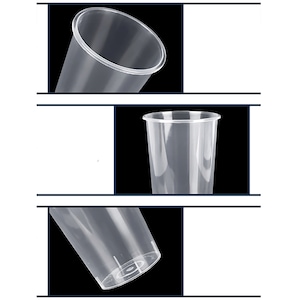Może przedstawiać: Trzy zbliżenia przezroczystego plastikowego kubka. Pierwsze zdjęcie pokazuje g&oacute;rną część kubka, drugie zdjęcie pokazuje bok kubka, a trzecie zdjęcie pokazuje sp&oacute;d kubka.