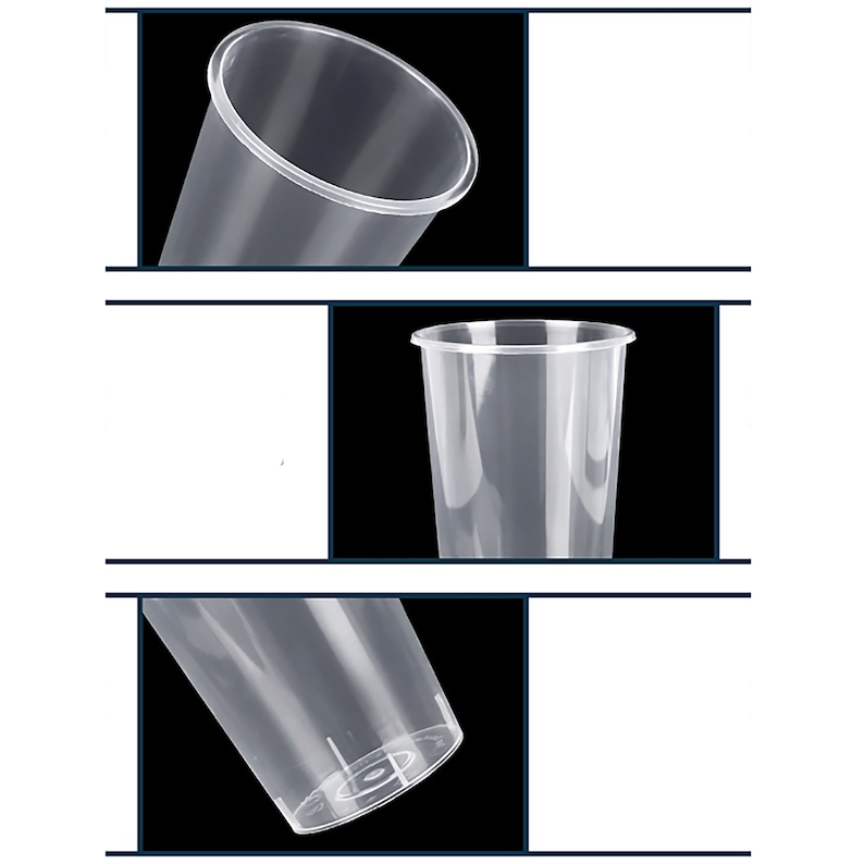 Może przedstawiać: Trzy zbliżenia przezroczystego plastikowego kubka. Pierwsze zdjęcie pokazuje g&oacute;rną część kubka, drugie zdjęcie pokazuje bok kubka, a trzecie zdjęcie pokazuje sp&oacute;d kubka.