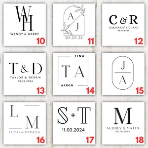 Może przedstawiać: Zestaw 18 wzor&oacute;w monogram&oacute;w ślubnych. Każdy wz&oacute;r zawiera unikalną kombinację liter i daty. Wzory są w kolorze czarnym i białym i idealnie nadają się do użycia na zaproszeniach ślubnych, kartkach z datą ślubu i innych artykułach papierniczych ślubnych.