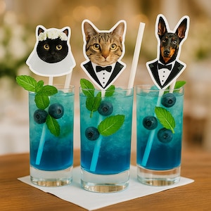 May include: Three blue cocktails garnished with blueberries and mint, each with a different animal-shaped straw topper: a cat wearing a flower crown, a cat in a tuxedo, and a dog in a tuxedo. The drinks are in clear glasses.
