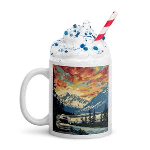White Glossy Mug - "Going to Alaska 2025" Beautiful Sky (blue text)
