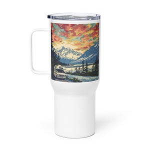 Travel Mug with Handle - "Going to Alaska 2025" Beautiful Sky (blue text)