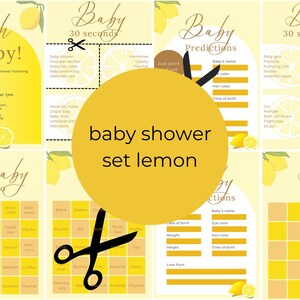 Ensemble thème douche citron | invitations | bébé bingo | cartes de prédiction | modèles modifiables baby shower | bébé 30 secondes | douche à thème citron