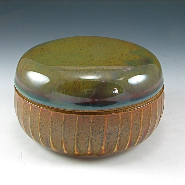 Lidded Clam Jar Chun Green and Tan Matte Hand Carved