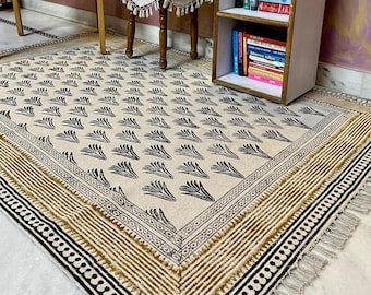 Boho Area Rug, Handwoven Cotton Dhurrie with Block Print