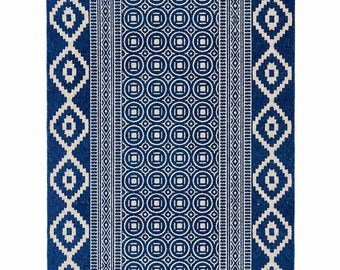 Tapis en coton imprimé bloc fait main, dhurrie bleu indigo, décor de ferme côtière bohème